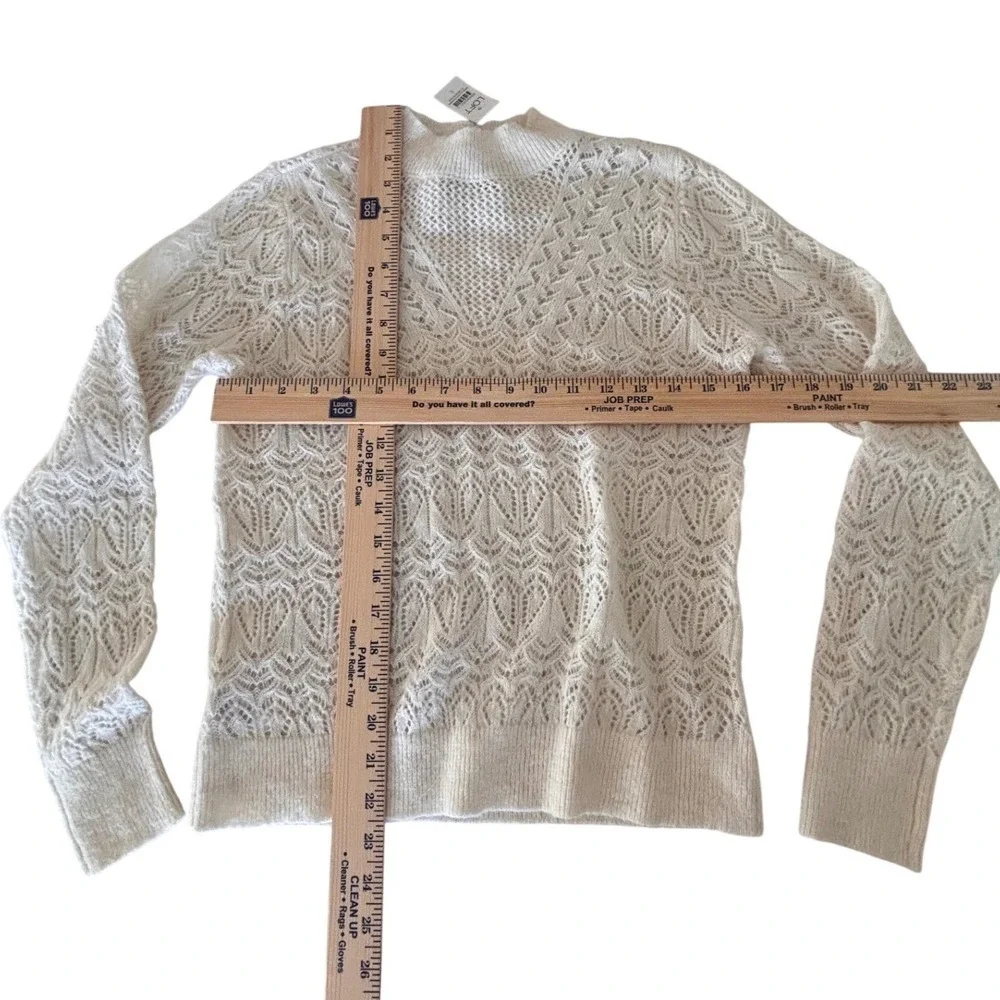 NWT-LOFT Pointelle Mock Neck Sweater‎ Cream Ivory Open Knit Wool Blend Small